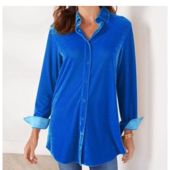 Soft Surroundings Tops - Soft Surroundings Velvet Coastal Blue Boyfriend Long Sleeve Tunic Top Size LP